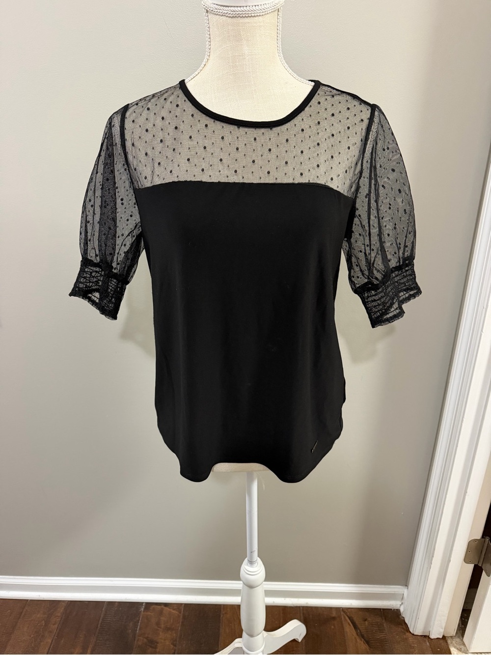 Anne Klein Black Sheer Dot Yoke Puff Sleeve Blouse